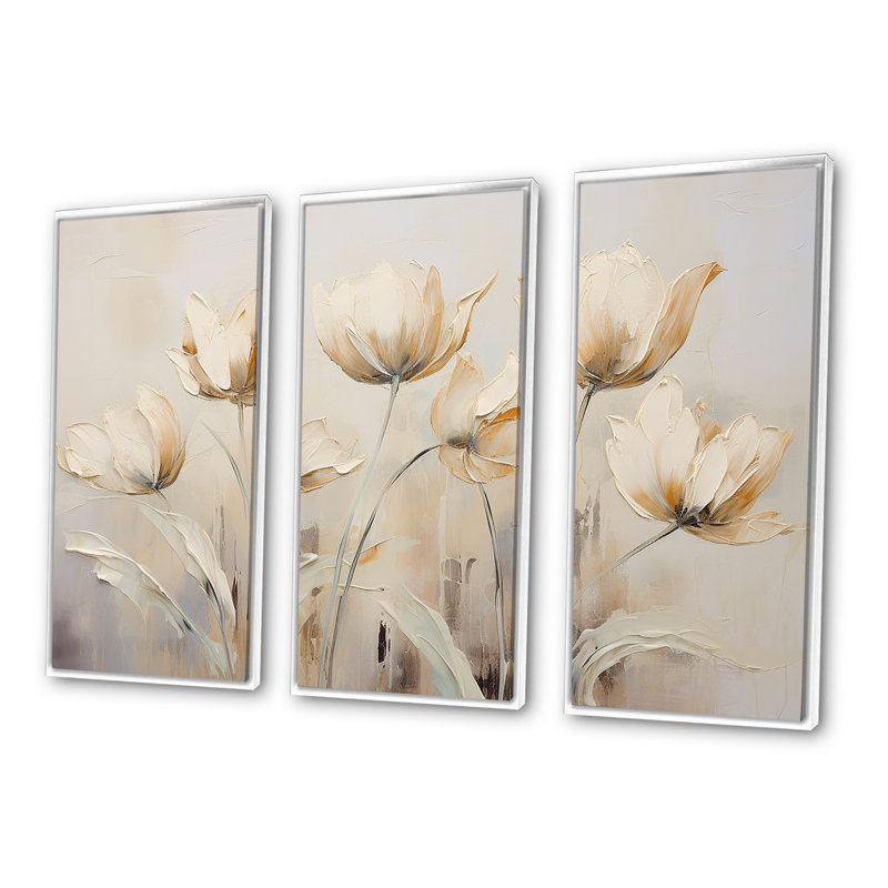 Ensemble de tulipes beiges embellies Symphony I - Tulipes, H 32 po x l 48 po, Cadre flottant blanc