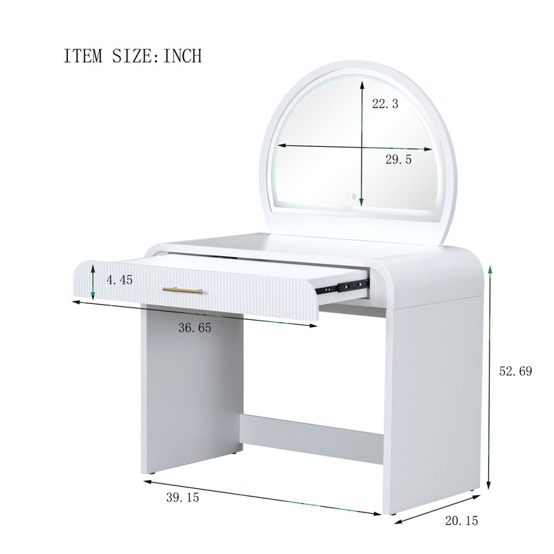 Medium White Makeup Vanity With Led Mirror And Drawer, White