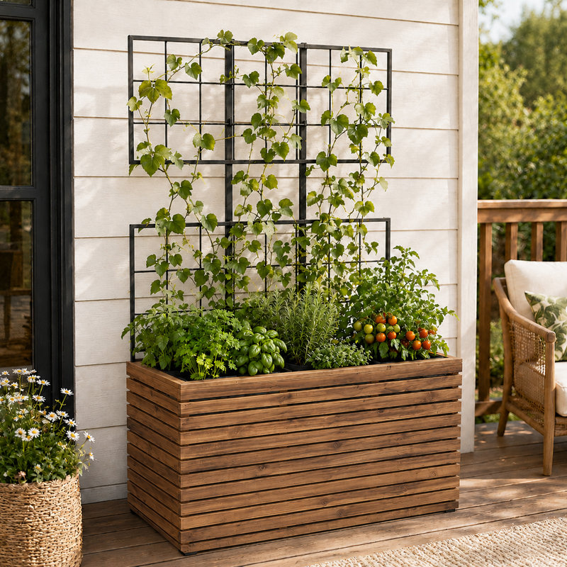Grande boîte à fleurs moderne en bois d'acacia brun avec treillis 32,28 po Modern, Brown