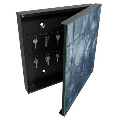 Key storage box, Opens to the right, 30x30x5, White, An elegant floral motif in cool tones, 