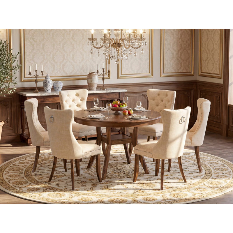 Ensemble de salle à manger 7 pièces moderne en tissu de polyester, 6 chaises de salle à manger rembourrées beige clair, des dossiers capitonnés et une table de cuisine ronde au fini noyer antique.