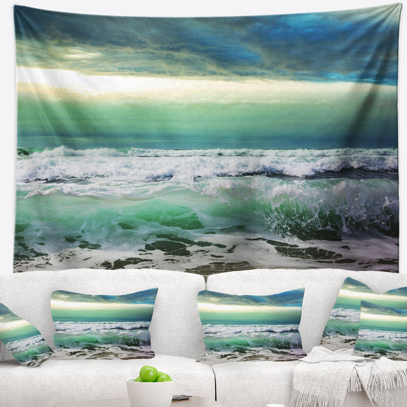 Tapisserie vagues côtières vertes et bleu ciel Seashore, H 32 po x l 39 po