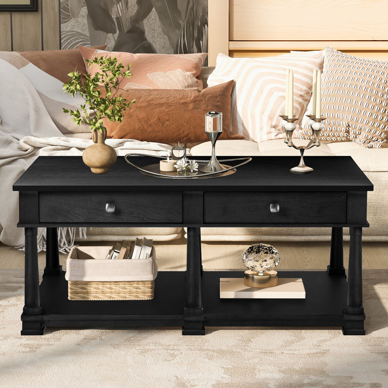 Table basse rectangulaire, 2 tiroirs de rangement et tablette inférieure ouverte, pieds tournés en bois massif, maison de campagne moderne, salon