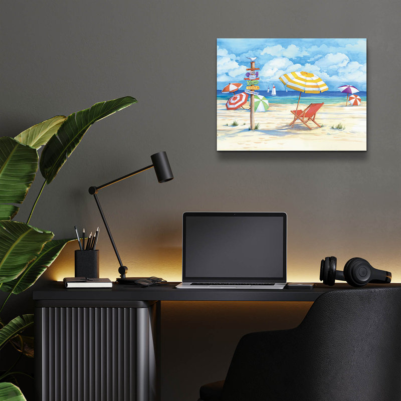 «Beach Signs Umbrellas» par Paul Brent, acrylique, H 12 po x l 16 po x P 0,13 po