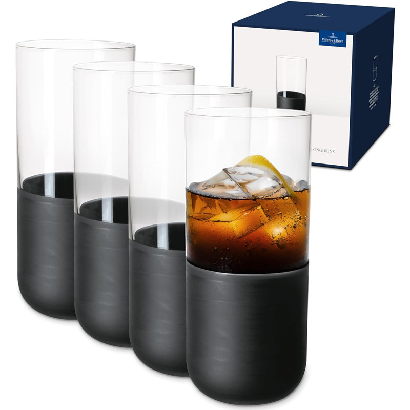 Villeroy & Boch Manufacture Rock Collection Longdrink Glass Set, Set of 4, Crystal Glass with Matte Black Base, Made in Europe, Capacity 10 oz