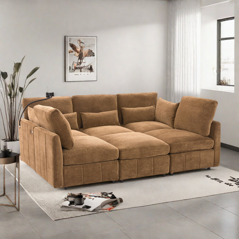 Canapé modulaire moderne avec repose-pieds mobile, 2 ports USB et support pour téléphone, Chenille brun