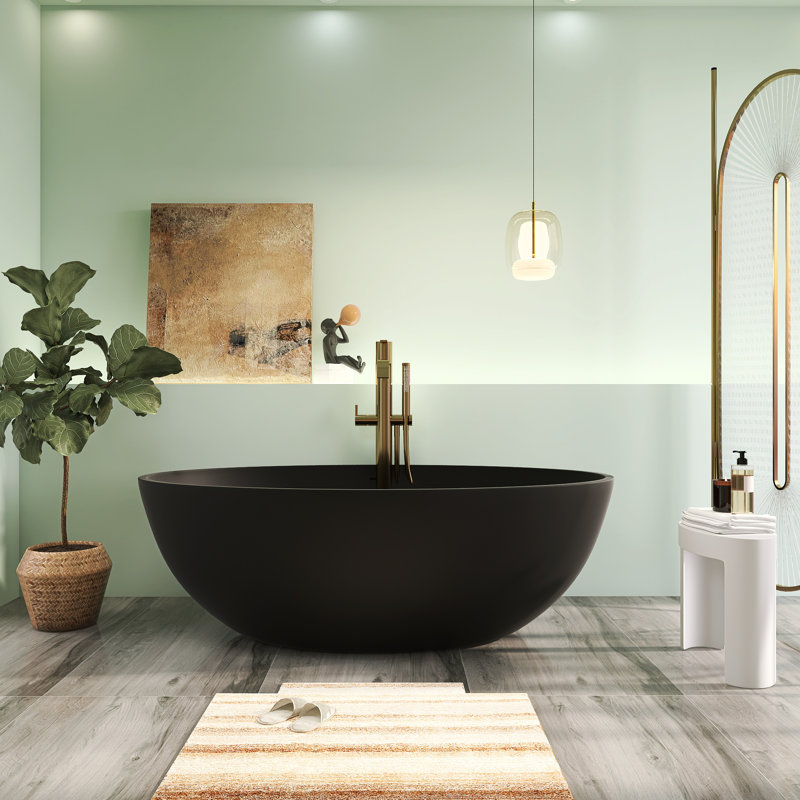 67'' Freestanding Tub Solid Surface Freestanding Deep Soaking Bathtub in Black, Matte Black
