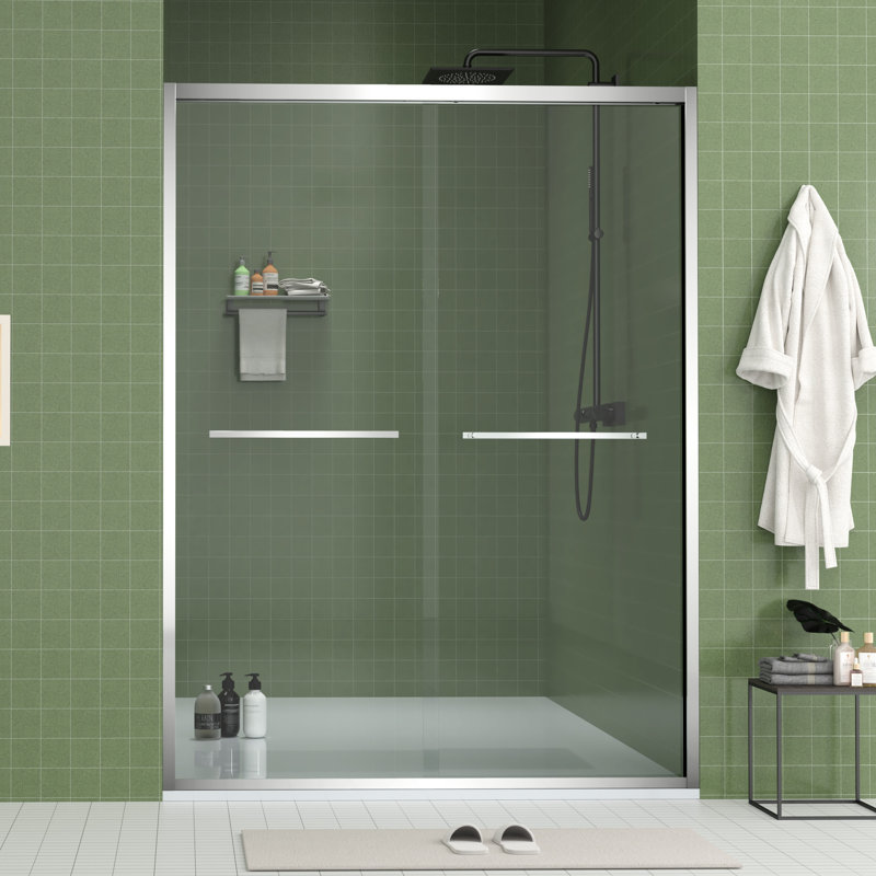 60" Wide And 70" High Aluminum Frame Bypass Bathroom Sliding Door With Double Handle As Towel Rail, - Crash Angle, Mute Rollers, Easy To Install 56 Adjustable Width 8Mm & Tempered Glass, Stainless
