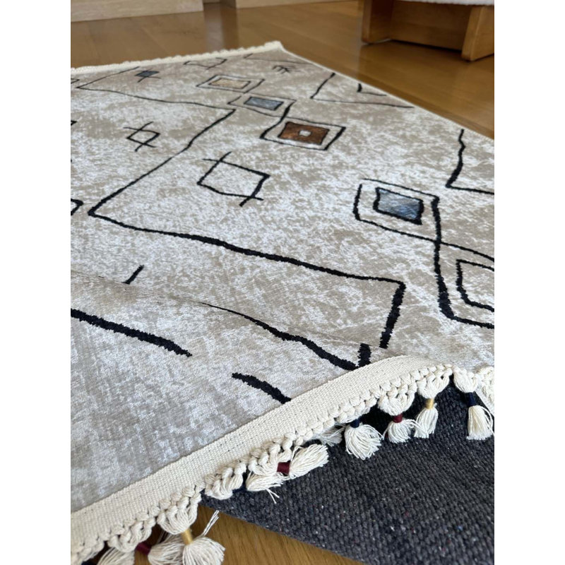 Coton imprimé marocain beige Toscana; Tapis chenille antidérapant, Rectangle 3 pi 11 po x 8 pi 10 po