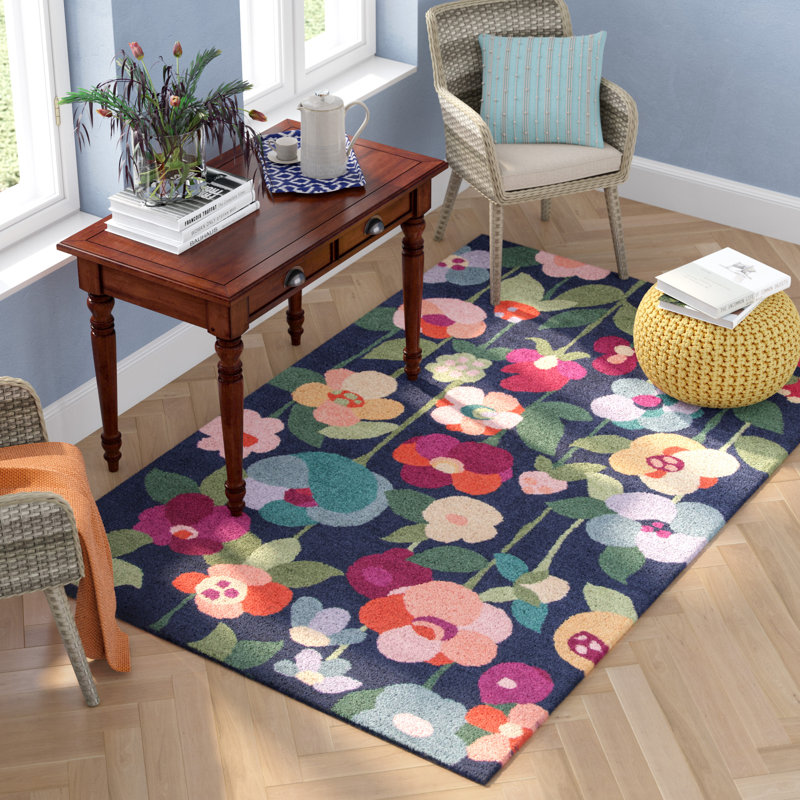 Tapis bleu marine / rose en laine crocheté à la main Brooklington, Rectangle 8 pi x 10 pi