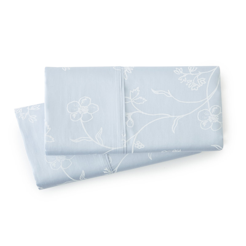 Lockport 300 Thread Count Floral 100% Long Staple Cotton Sateen Two Pillow Cases, Ballard Blue, King