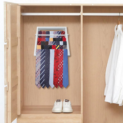 Tie Rack Wall Mounted, Adjustable Angle Tie Organizer for 60 Ties & Scarves, Holds up to 60 Ties, 10 Angle Slots, (White)