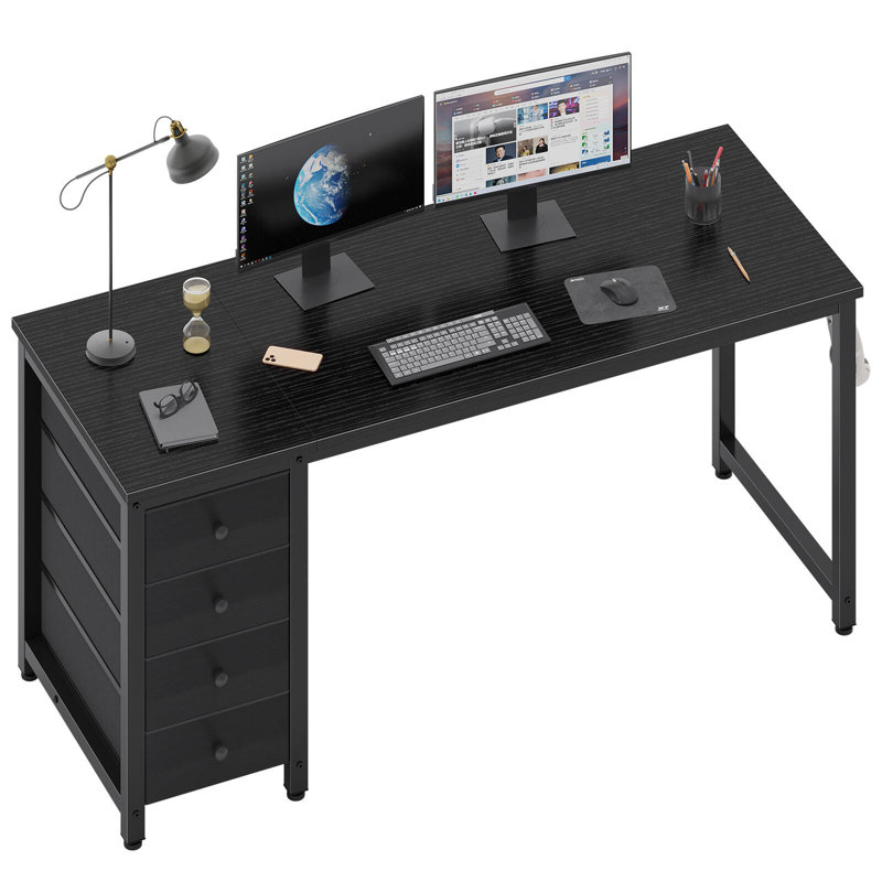 Bureau d'ordinateur à 4 tiroirs avec bureau en tissu, Noir, noir, noir, noir, Noir