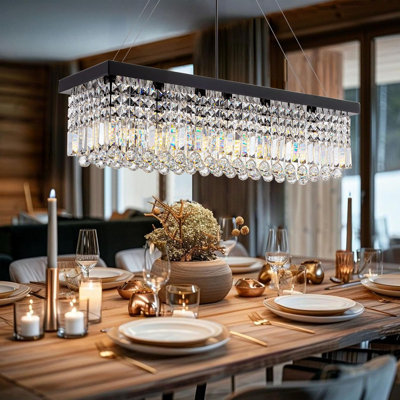 Modern Rectangle Crystal Chandelier With K9 Crystals, 6-Light Black Pendant Light Fixture For Dining Room Kitchen Island, Adjustable Height 31.5X10x10 Inches