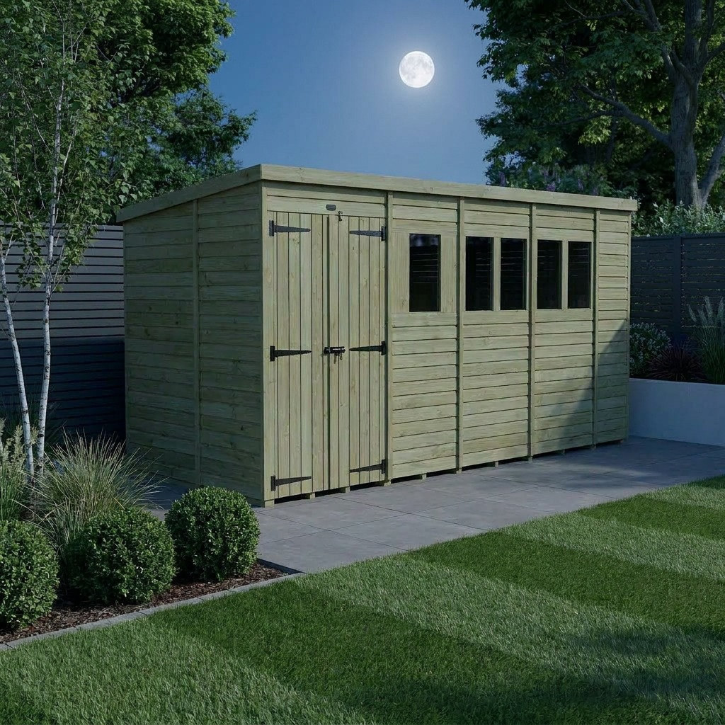 Total Sheds 18ft x 8ft Pent Garden Shed - Double Door - With Windows - Pressure Treated Timber - UK Manufactured
