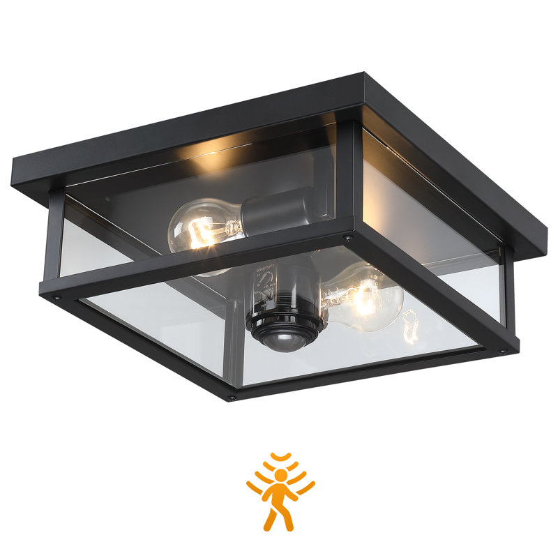 12" 2-Light Motion Sensor Outdoor Flush Mount Ceiling Light, Black