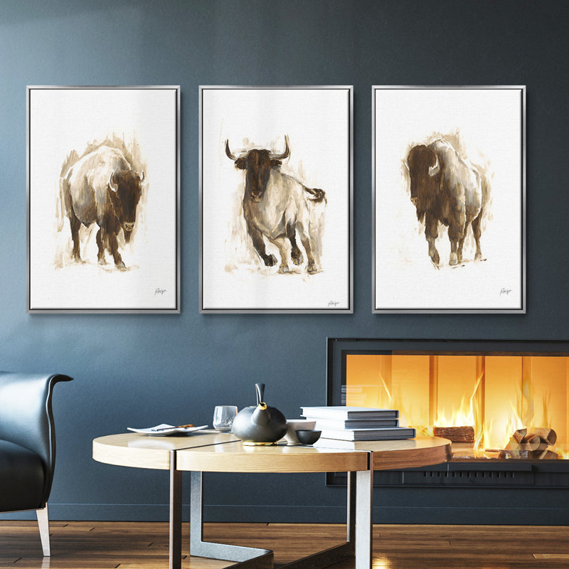 Rustic Bison I, ensemble de 3 toiles encadrées sur toile, Argent, H 40 po x l 78 po