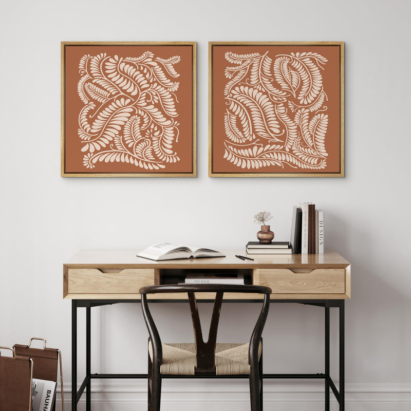 "Botanical Leaf Pattern Modern Art Minimalist" 2 pièces, H 24 po x l 24 po, Natural Floater Framed