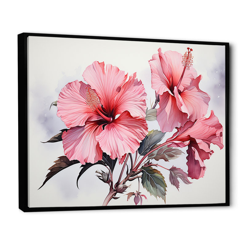 Hibiscus rose, H 34 po x l 44 po x P 1,5 po, Cadre flottant noir