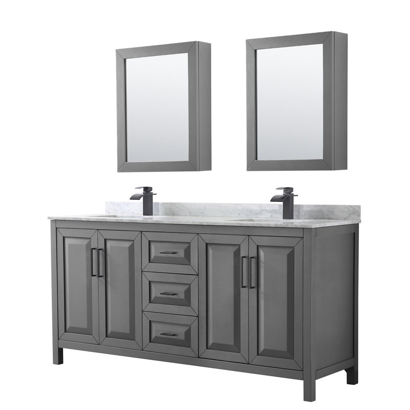 Daria 72'' Double Bathroom Vanity with Carrara Marble Top with Mirror, Dark Gray, Polished Chrome, Carrara Cultured Marble