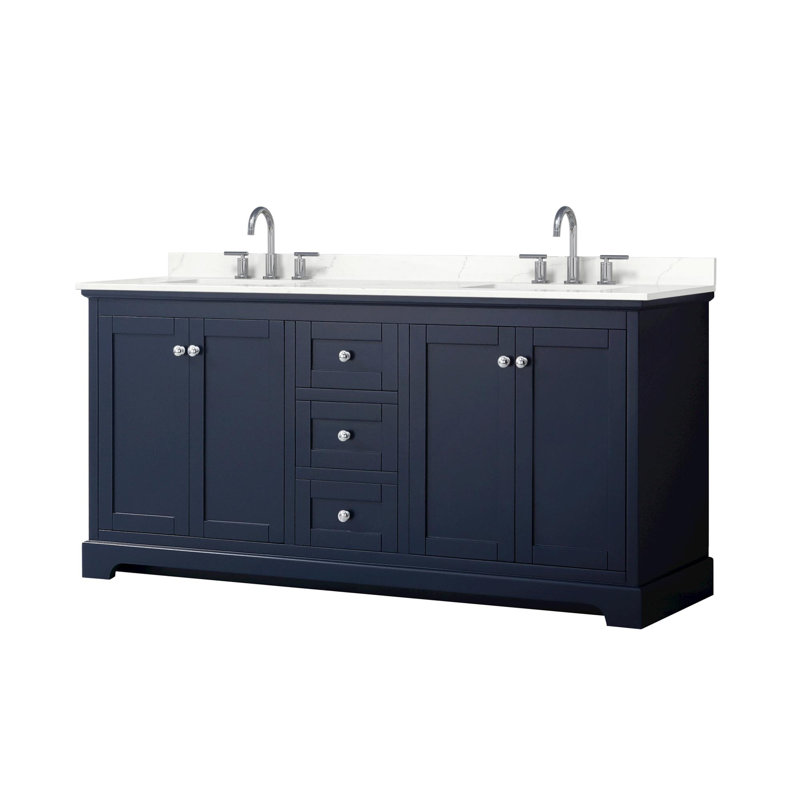 Meuble-lavabo double autoportant 72 po avec plateau en quartz Avery, Quartz Giotto, Bleu très foncé, Chrome poli