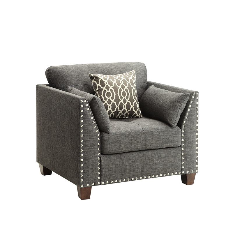 Chaise en lin gris anthracite avec 3 coussins, siège à ressorts ensachés, pieds en bois, garniture cloutée, siège sans bouton, structure en eucalyptus, accents