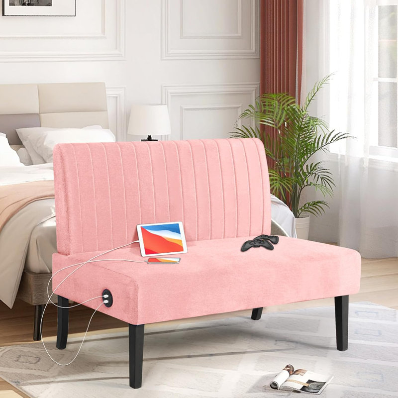 43”W Uphostered Bench, Loveseat Dining Banquette, Pink