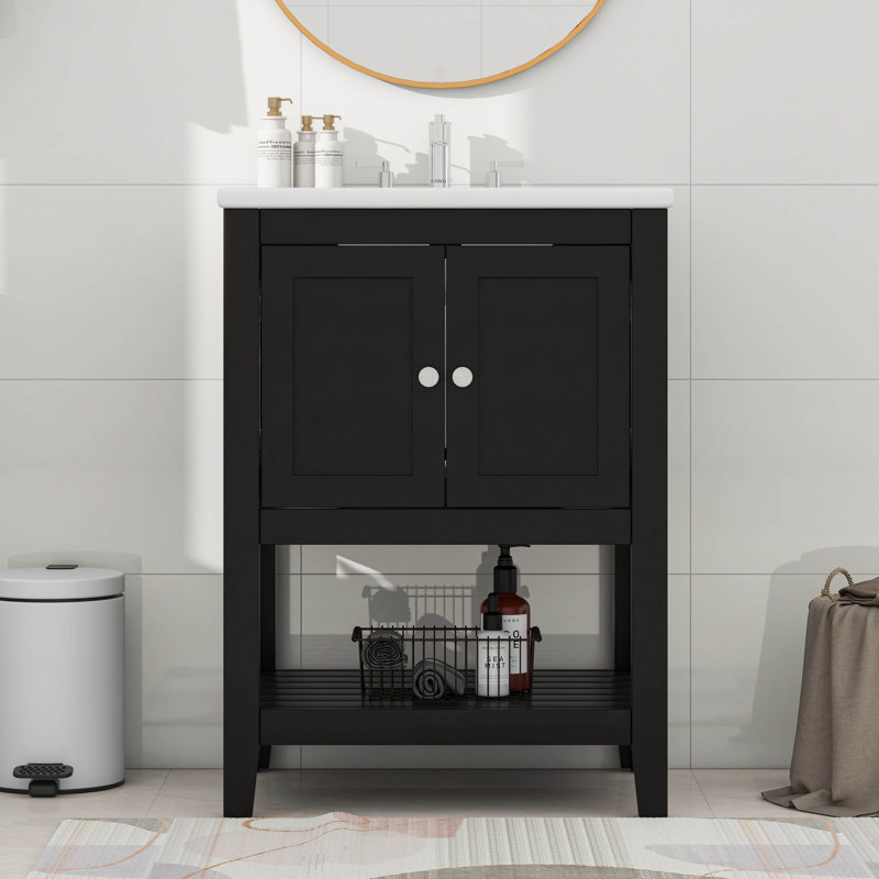 Meuble-lavabo élégant 24 po avec lavabo en céramique élégant, Noir