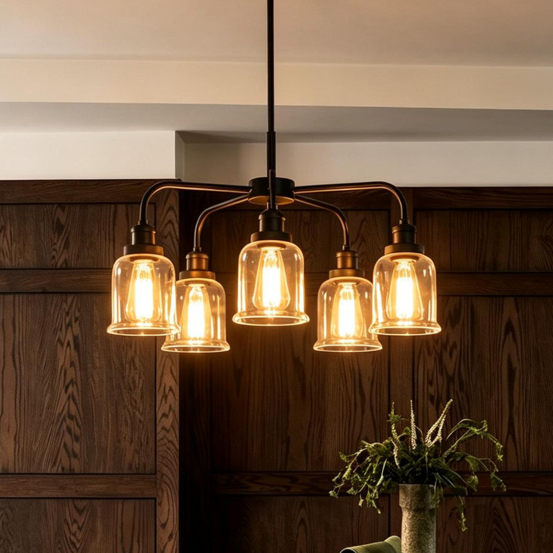 Lustres de style ferme avec abat-jour en verre à 5 lumières