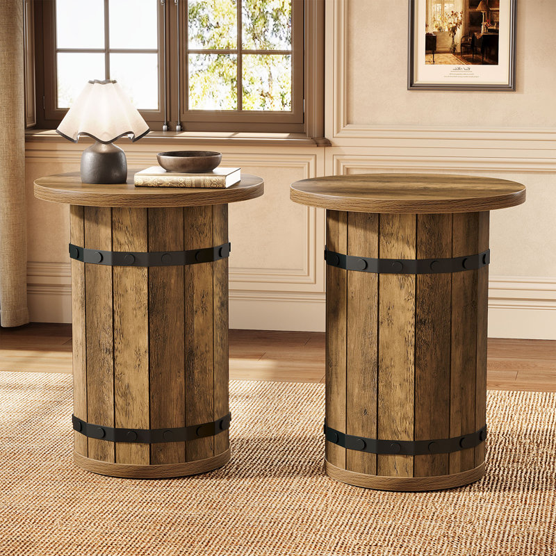 Table de bout industrielle ronde, ensemble de 2, Brun