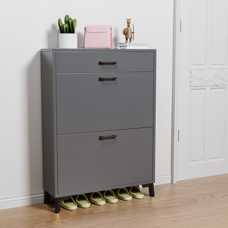 Armoire à chaussures grise - 2 tiroirs rabattables, peu encombrants et pratiques, Noir, Gris