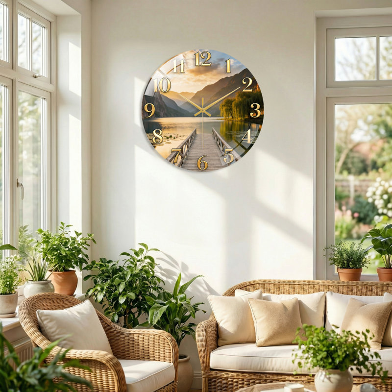 «Mountain Lake», horloge murale en verre, 40 x 40 cm (15,7 x 15,7 pouces)