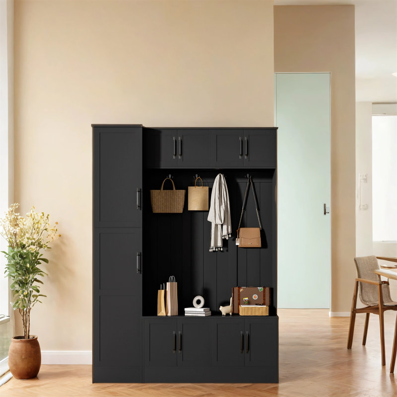 79-inch Tall Modern Coat Rack With Shoe Cabinet, Matte Black