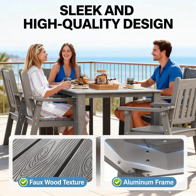 All Weather Outdoor Table and Chairs 7 Pieces Patio Dining Sets Outside Furniture With Umbrella Hole& Aluminum Frame HIPS Modern Patio Dining Set for 6 Person for Outside Backyard/Porch/Deck, 1-Tables 6-Chairs
