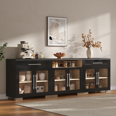 Bhhatu 94.5'' W Modular Cabinet with Glass Doors, Drawers, and Open Shelf, Black