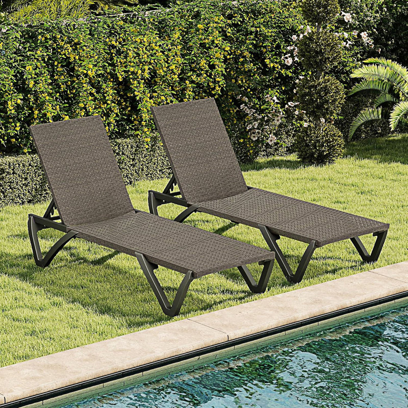Set Of 2 Pool Lounge Chairs, Adjustable Outdoor Chaise Lounge With Wheels, Rattan