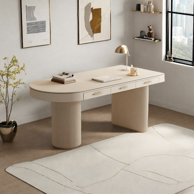 Bureau crème à demi-cercle droit, 3 tiroirs