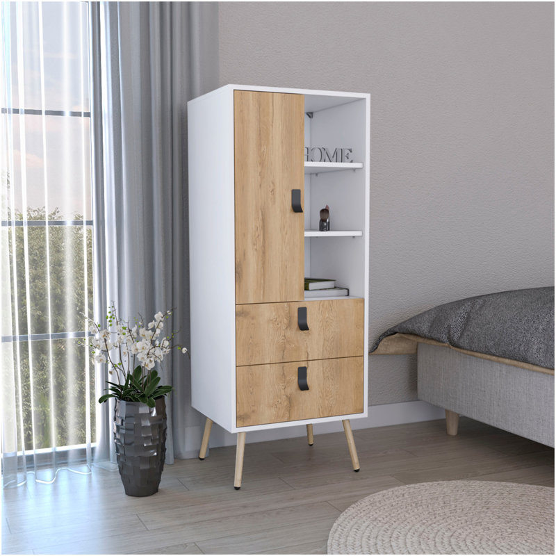 Commode haute Huna, unité avec porte, 2 tiroirs et tablettes ouvertes