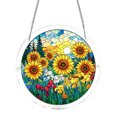 Sunflower Stained Glass Window Hanging  Floral  Decor For Home Garden Balcony  Sunflower Gifts For Women Round Acrylic