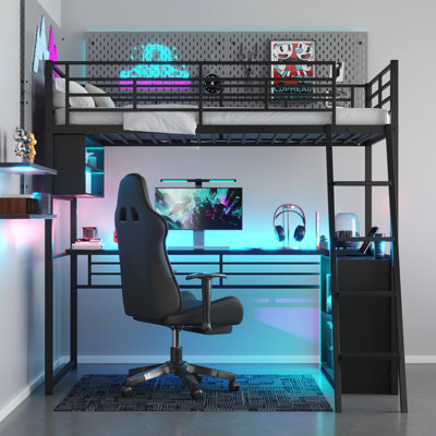 Functional Metal Loft Bed With LED Lighting, Integrated Desk, And Four Storage Shelves For Optimal Space Utilization And Comfort