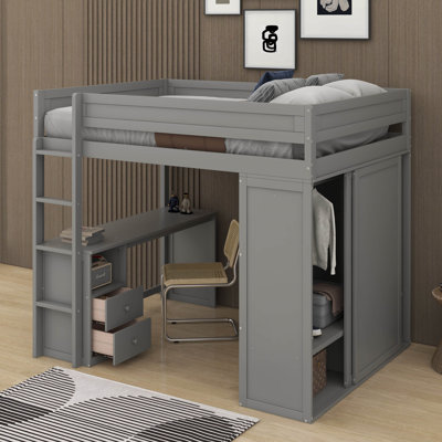 Lit mezzanine double avec placards et bureau