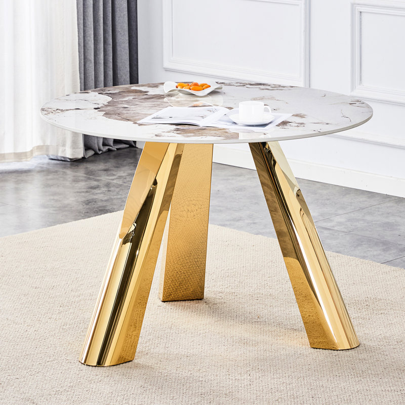 Table ronde en pierre brûlante blanche de 42 pouces avec pieds dorés et structures de luxe en bois fritté de 42 po pour les maisons artistiques