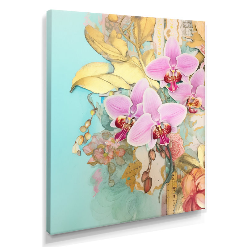 Orchidées roses, délicatesse dorée, bleu rétro - orchidée murale, salon, Toile tendue, H 32 po x l 24 po
