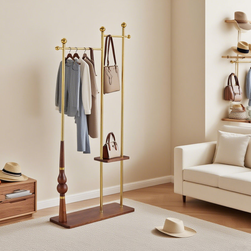 Solid Wood & Stainless Steel Freestanding Coat Rack Hanger With Storage, Gold