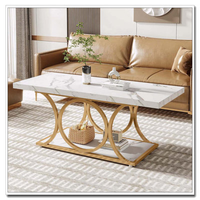 Table basse moderne moderne à deux niveaux avec faux marbre