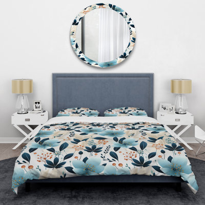 Blue Coastal Harmony Floral Pattern VII Box Stitch Floral Duvet Cover
