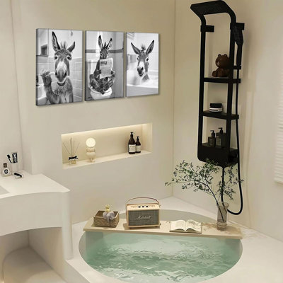Drôle d'âne de salle de bain, art mural, animal mignon, décor de salle de bain, œuvre d'art, âne sur la toilette, brosse les dents
