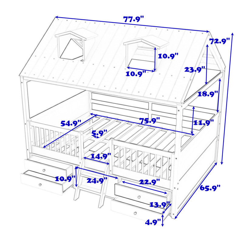 Milinocket Wood Loft Bed With 4 Drawers And Roof, Full, White