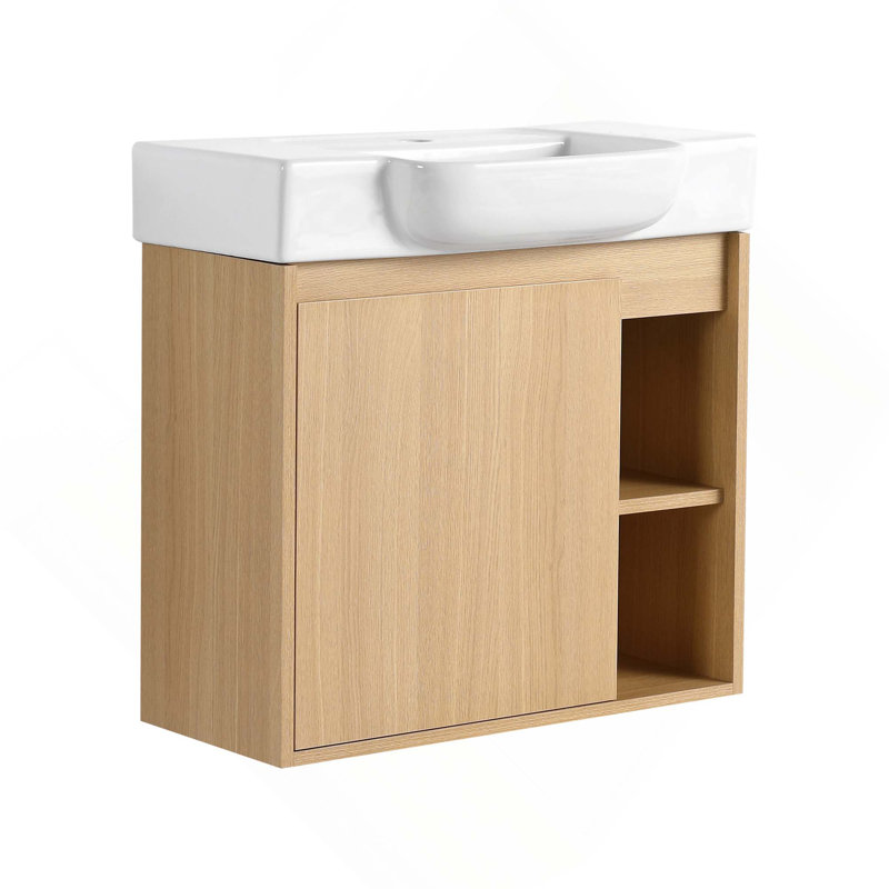 Meuble-lavabo mural avec lavabo en céramique blanche et porte à fermeture en douceur, emballage KD, Chêne clair, 24"