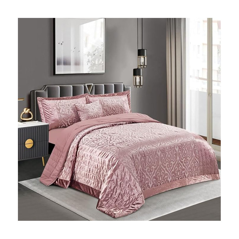 Bollara Velvet Damask Bedspread with Pillow Shams, Super King Bedspread + 2 Pillow Sham, PInk